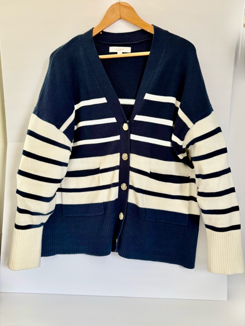 LOFT Navy and Cream Striped Button-Front Cardigan